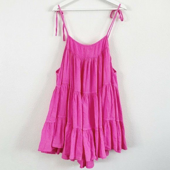 Honorine Bright Pink Cotton Gauze Tiered Mini Dres - Picture 3 of 3